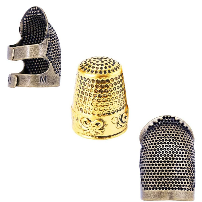 10 Pcs Sewing Thimbles Kit Leather Finger Protectors with 2 Color Metal Finger 