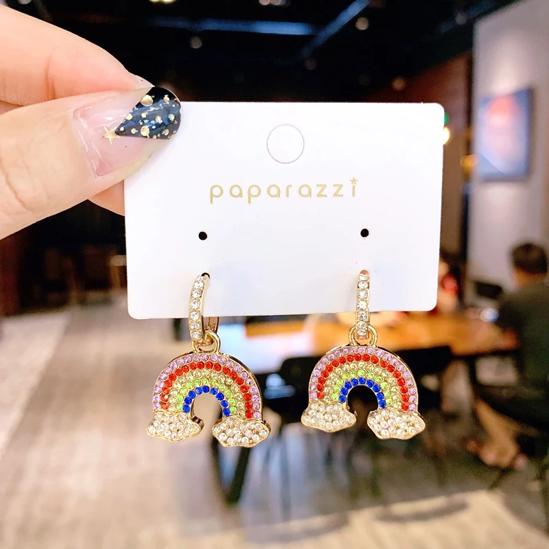S925 SILVER PIN RAINBOW ASYMMETRICAL EARRINGS EUROPE 2020 new style earrings fashion casual red net | Украшения и аксессуары