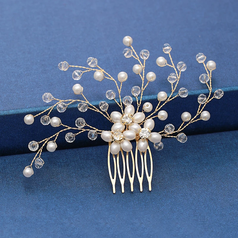 Trendy Handmade Tiara Wedding Hair Comb Leaf flower Bridal Headpiece Gold Pearl Rhinestone Head Jewelry Wedding Hair Accessories