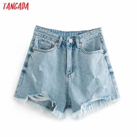 Tangada Women Blue Denim Summer Shorts Tassels Zipper Pockets Female Retro Basic Casual Shorts Pantalones 4M144