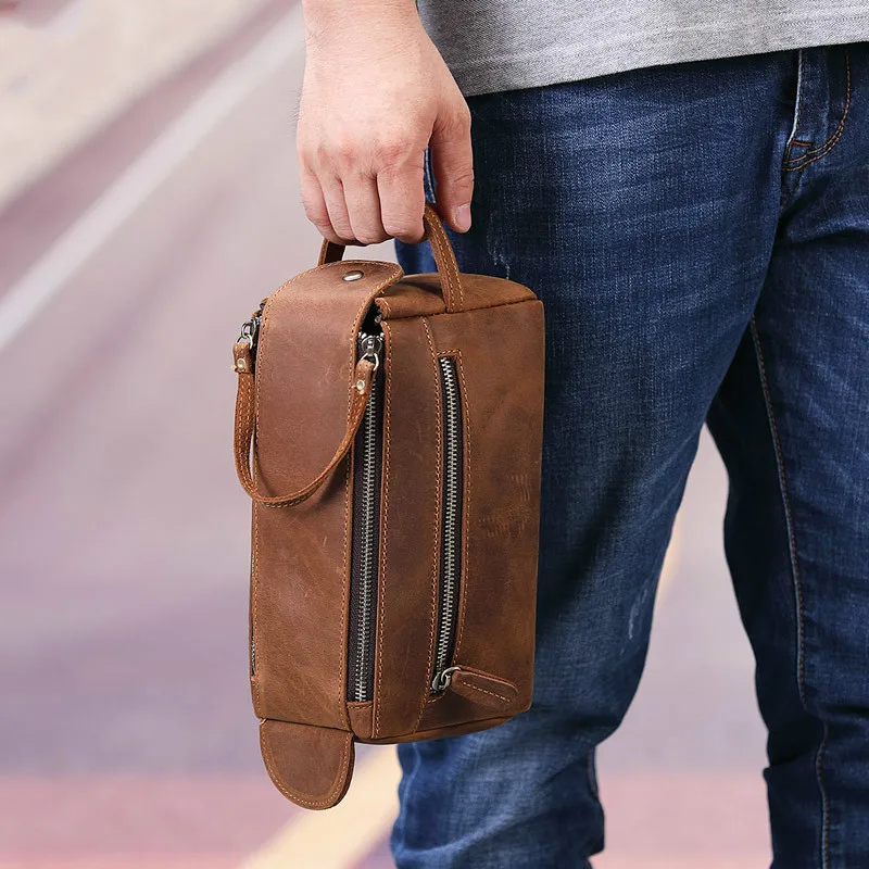 

New Retro Leather Wash Bag Solid Color Simple Crazy Horse Leather Multi-function Storage Bag Casual Fashion Men's Clutch Purses