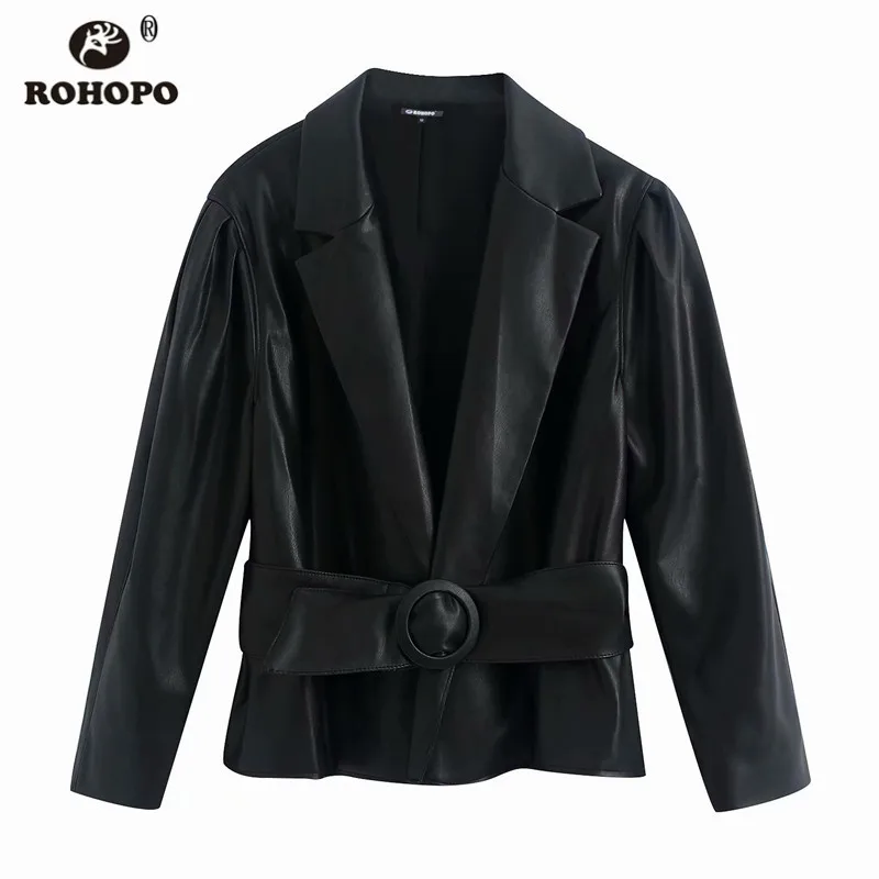 ROHOPO, Ретро стиль, искусственная кожа, воротник с лацканами, черная куртка, v-образный вырез, широкий пояс, длинный рукав, водонепроницаемая женская кожаная верхняя одежда#9893 - Цвет: Черный