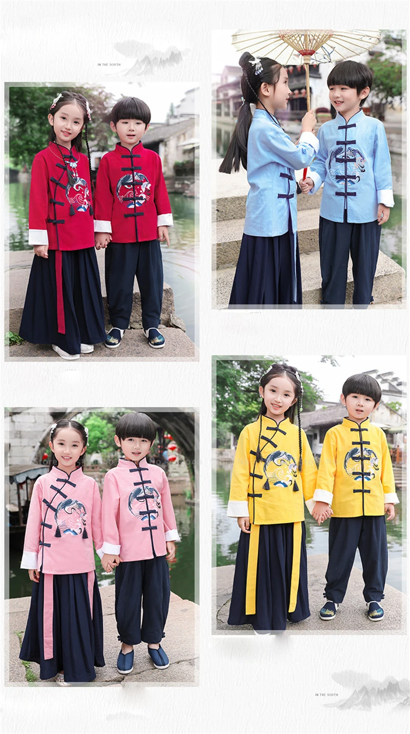 Китайский традиционный детский комплект одежды с вышивкой Журавля, Детский костюм в стиле династии Тан, нарядное платье для девочек, топы кунг-фу для мальчиков, юбки, штаны