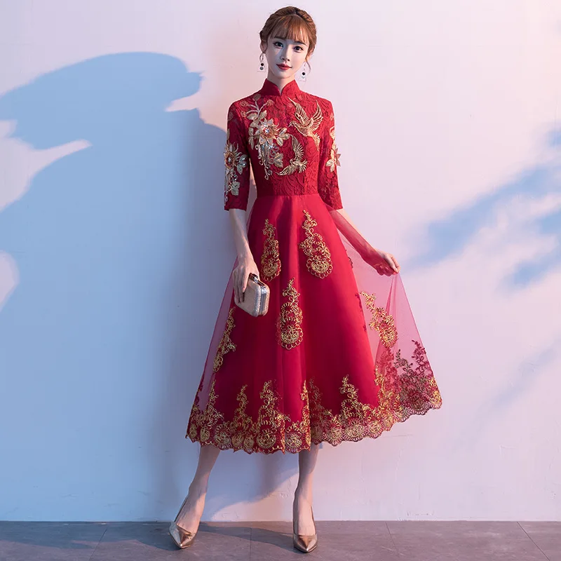 Бургундия вышивка китайский сексуальный королева Восточный вечерние женские Cheongsam шоу на сцене Qipao платье элегантные знаменитости банкетные платья
