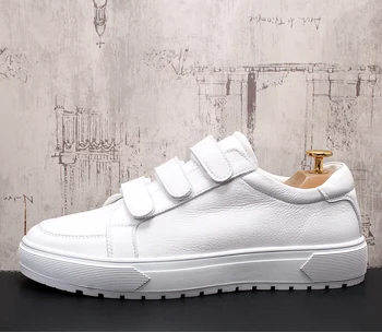 

pure white Men's Velcro Loafers Casual Sneakers Solid Color Male Student Couple Flat Board Shoes Large Size zapatos de hombre