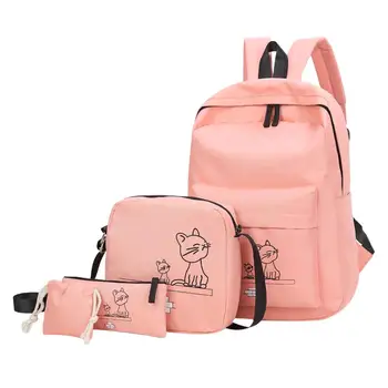 

4pcs/Set Cartoon Cats Printed Women Travel Backpacks Female Girl Students School Shoulder Bags Clutch Mini Composite Bags