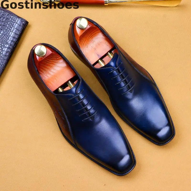 Классические мужские туфли из коровьей кожи; цвет коричневый, синий; модельные туфли; оксфорды; мужские деловые туфли на шнуровке; роскошные кожаные туфли с перфорацией - Цвет: Brown