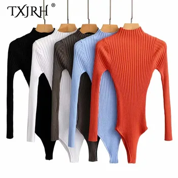 

TXJRH Fashion Thread Knitted Long Sleeve Elastic Romper Body Siamese Bodysuit Slim Skinny Tight Undershirt Tee Playsuits 5 Color
