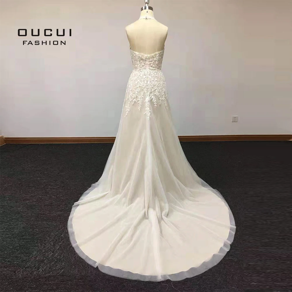 Halter Lace Long Wedding Dress Plus Size A-line Vestido De Noiva Sleeveless Backless Wedding Dresses With Train OL103600