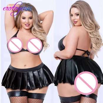 

2022Top Women lady Leather V-neck Plus Size Bra Underwear Mini skirt Lingerie Set Lenceria Mujer Sexy Underwear Stripper Clothes