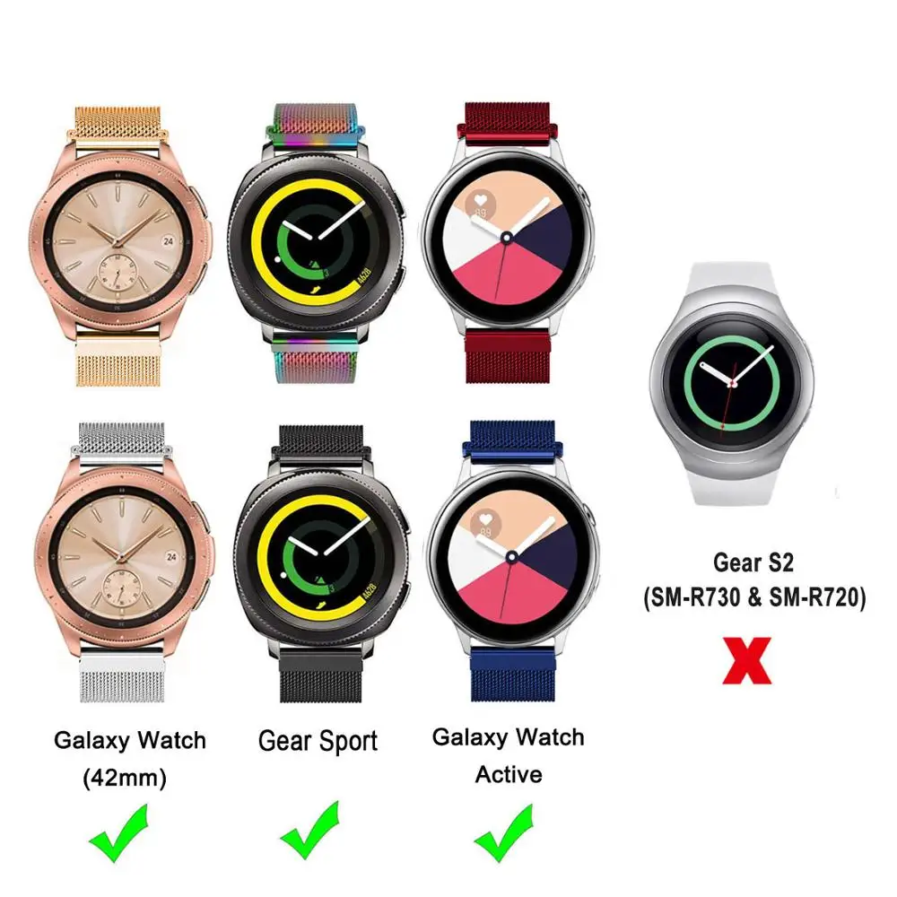 20 мм Миланская петля ремешок для samsung gear Sport/Galaxy Watch Active/Active 2 40 мм 44 мм ремешок из нержавеющей стали для женщин и мужчин