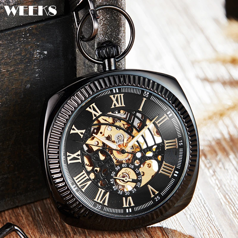 

Roman Numeral Square Case Mechanical Pocket Watch Male Antique Vintage Steampunk Skeleton Luxury Fob Chain Hanging Clock for Men