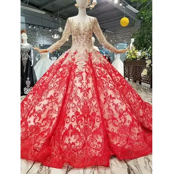 

BGW 31124ht Red Curve Shape Bride Wedding Party Dresses With Golden Lace O-neck Long Sleeve Ball Gown Bride Dresses Court Train
