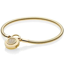 925 пробы серебряный браслет золотого цвета с логотипом фирменный замок Гладкий Змеиный браслет подходит для бисера очаровательные ювелирные изделия