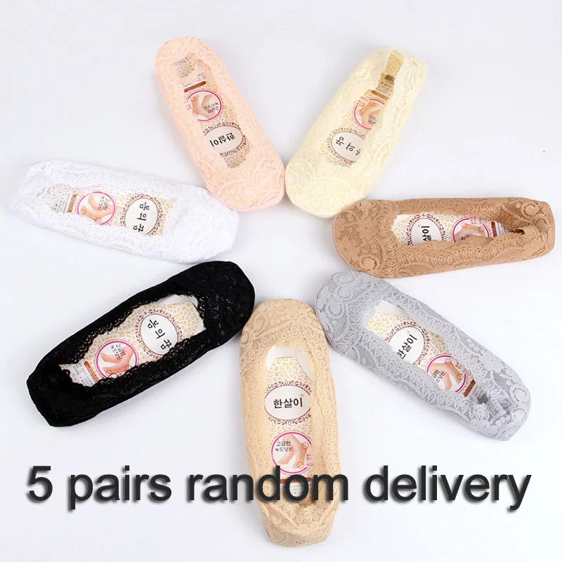 Женские кружевные носки Harajuku Нескользящие Женские Бесшовный носок Модные носки-лодочки 5 пар/лот# F - Цвет: 5pairs random