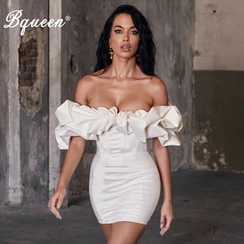 

Bqueen 2020 Women New Fashion Vestidos Sexy Slash Neck Strapless Off The Shoulder Ruffles Draped Slim Bodycon Mini Dress