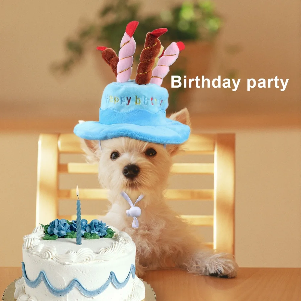 Pet Birthday Hat For Cats And Dogs Puppy Cake Cap With Candles Super Cashmere Fabric Blue (5)
