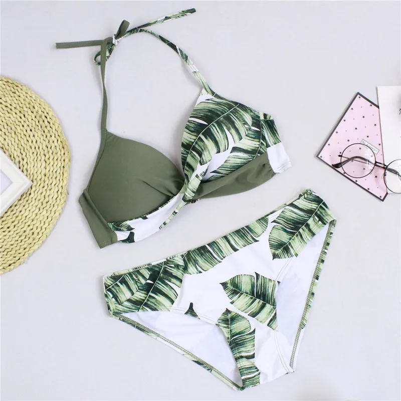

Plus Size 3XL Bikini Women's High Waist Bathing Suit Halter Buckle Swimwear Leaves Swimming Monokini Brazilian Bikinis Swimsuit