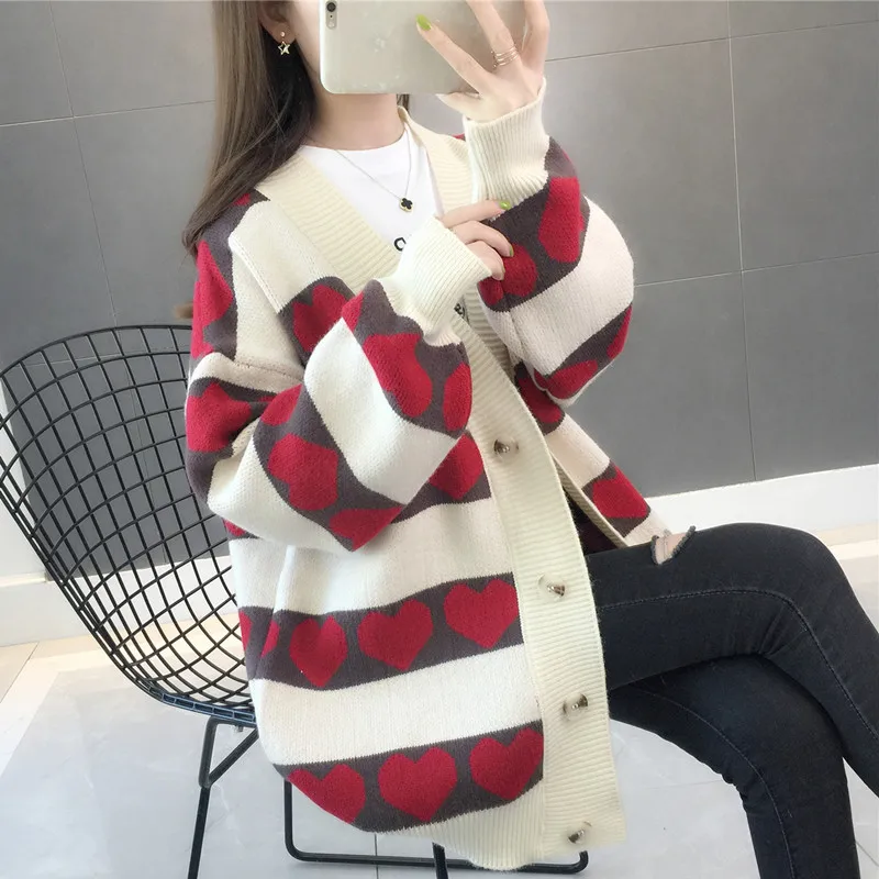 

Laziness-Style Sweater Coat WOMEN'S Cardigan 2019 Spring New Style WOMEN'S Dress Loose-Fit Online Celebrity Heart Sweater-Outer