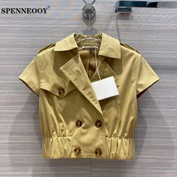 

SPENNEOOY Designer Custom Runway Summer Women Champagne Short Sleeve Outwear Ladies Double Breasted Fashion Casual Outwear