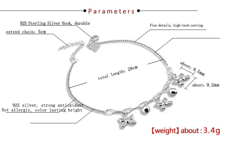 Богемное серебро 925 пробы, модные женские однотонные серебряные браслеты с бабочкой, 28 см, подвеска колокольчик, ножные браслеты, серебряные ювелирные изделия для девушек, аксессуары