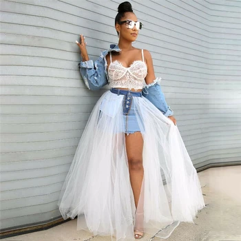 

New Fashion Women Mesh Sheer Split Long Skirt High Waist Ladies Pleated Mesh Skirts Summer Party Dress