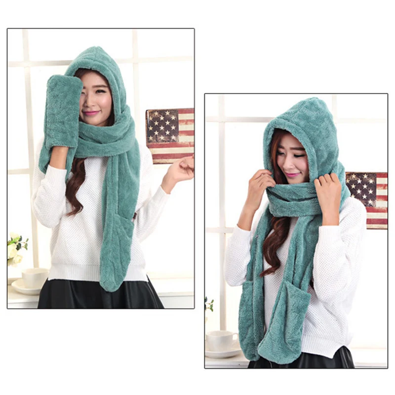 3 в 1 Женский Теплый капюшон шарф снуд карманные перчатки Шапка удобная для зимы на открытом воздухе XIN - Цвет: Зеленый