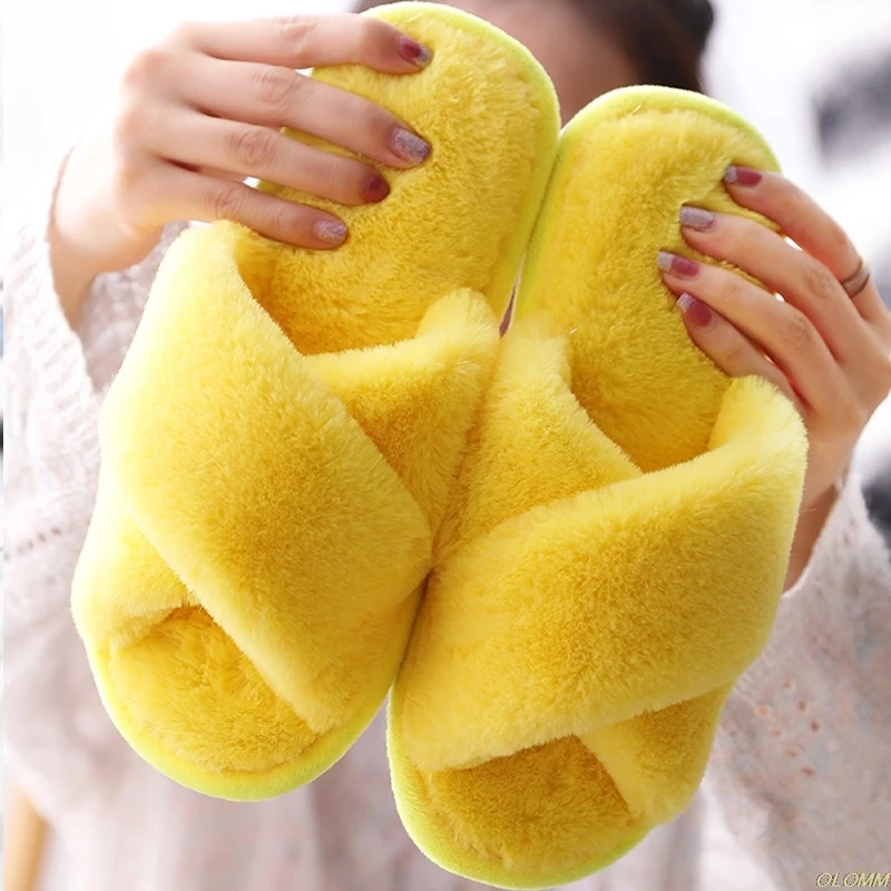 

Winter Women Home Slippers with Faux Fur Fashion Warm Shoes Woman Slip on Flats Female Slides Black Pink Plus Size 41