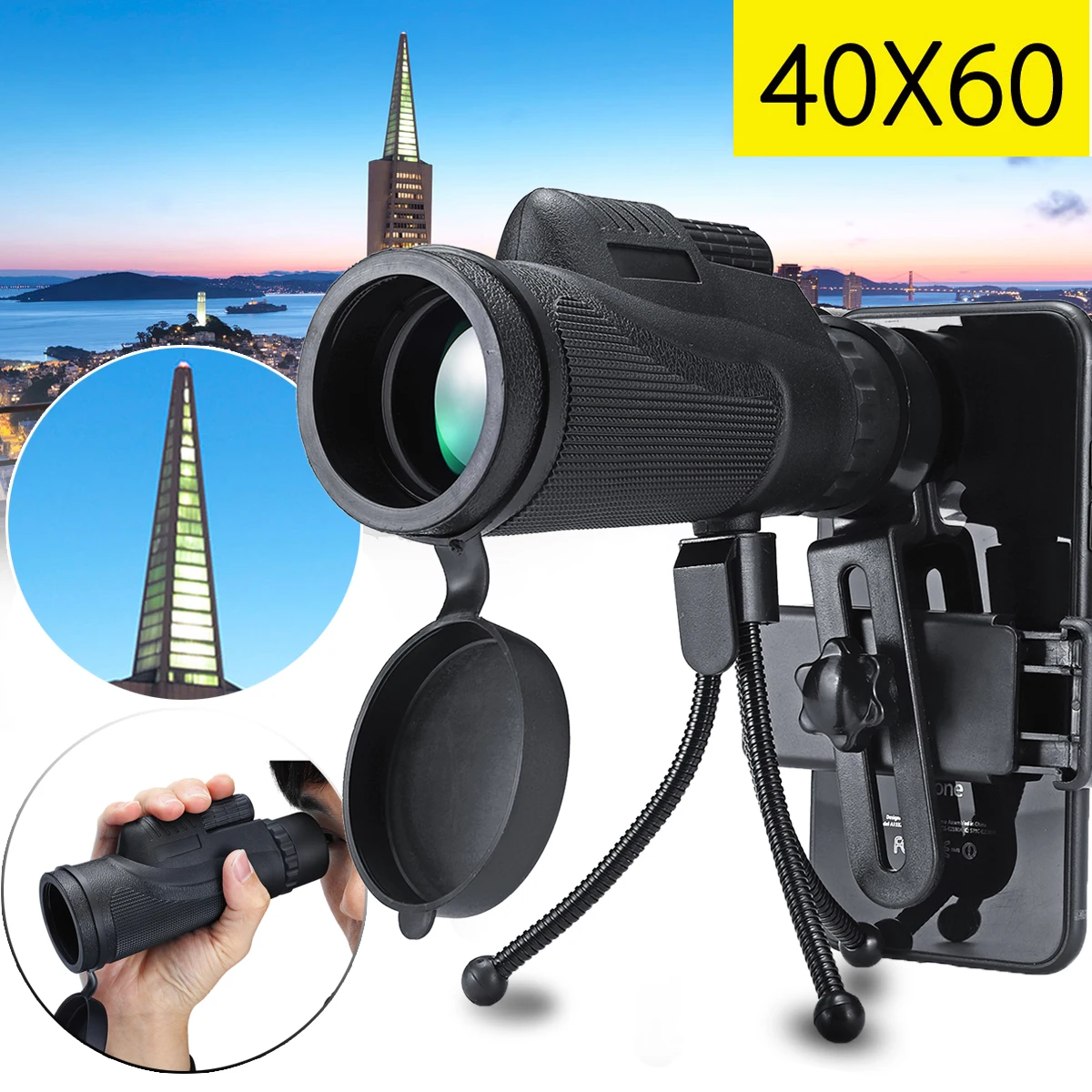 Online 40X60 Telephone Telescope Lens Smartphone Monocular Telescope Scope Camera Camping Hiking Fishing with Mobile Phone Clip Tripod