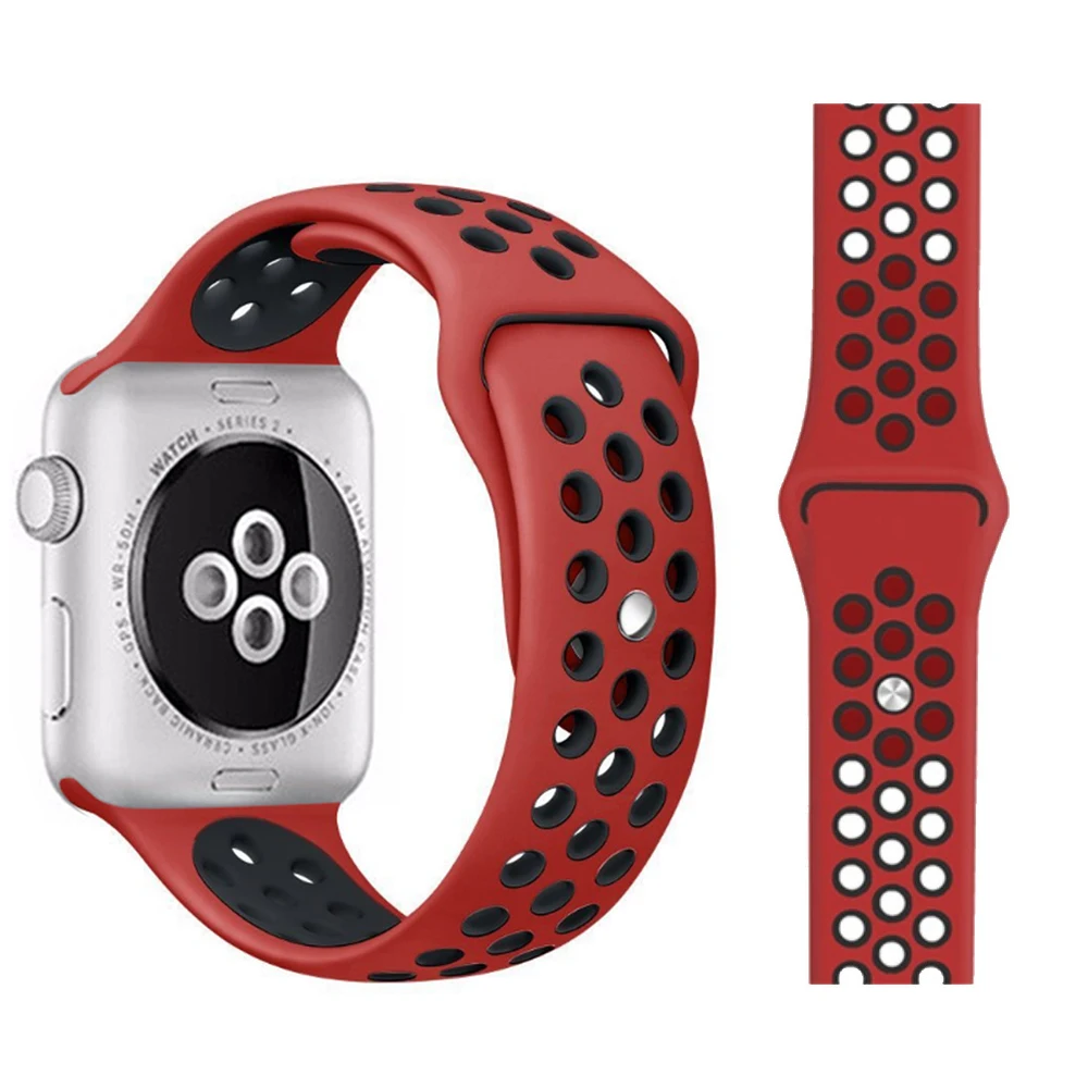 Red with black Модный спортивный силиконовый ремешок для часов apple watch 42 мм, 38 мм, 40 мм, 44 мм, браслет Nike+ Iwatch series 5/4/3/2/1 - Цвет ремешка: Red with black