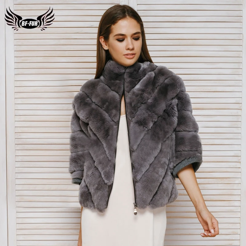 

2019 BFFUR Real Rex Rabbit Fur Coat Women's Real Fur Jacket Winter Striped Dark Lapel Collar Female Coats Park With Natural Fur