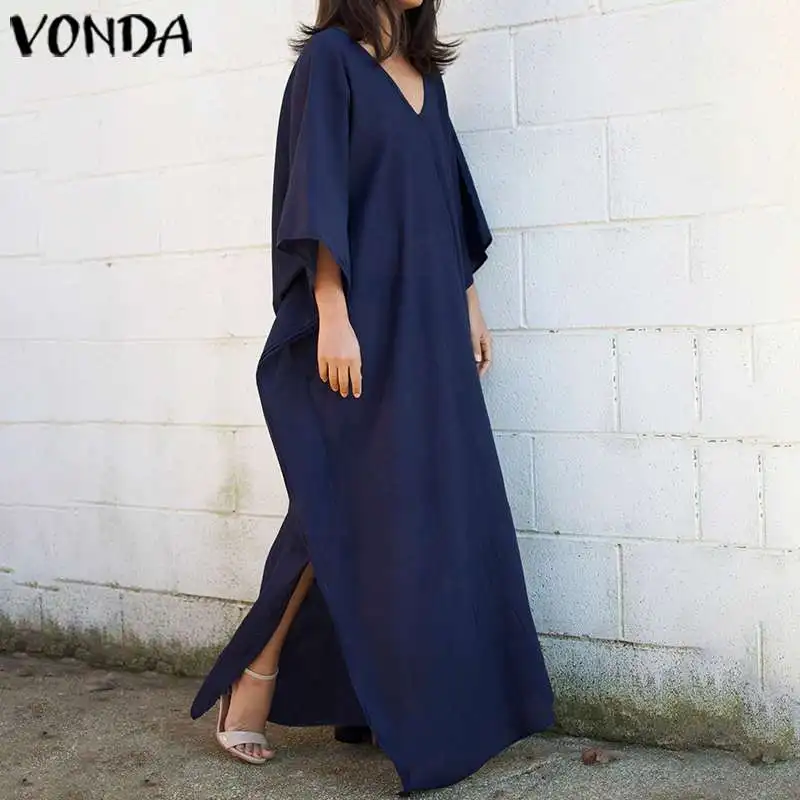 Women Dress Summer Sundress VONDA Sexy V Neck Bohemian 3/4 Sleeve Dress Plus Size Casual Loose Party Beach Vestido