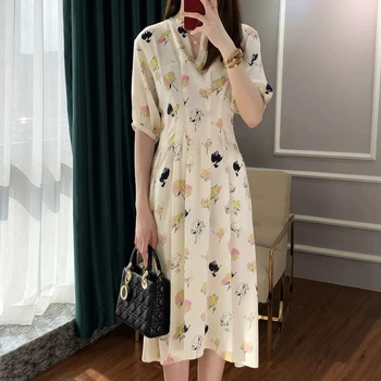 

Runway Bohemian Print Flowers Pleated Temperament Elegant Short Sleeve Dress Spring And Summer High Quality Women'S Clothing