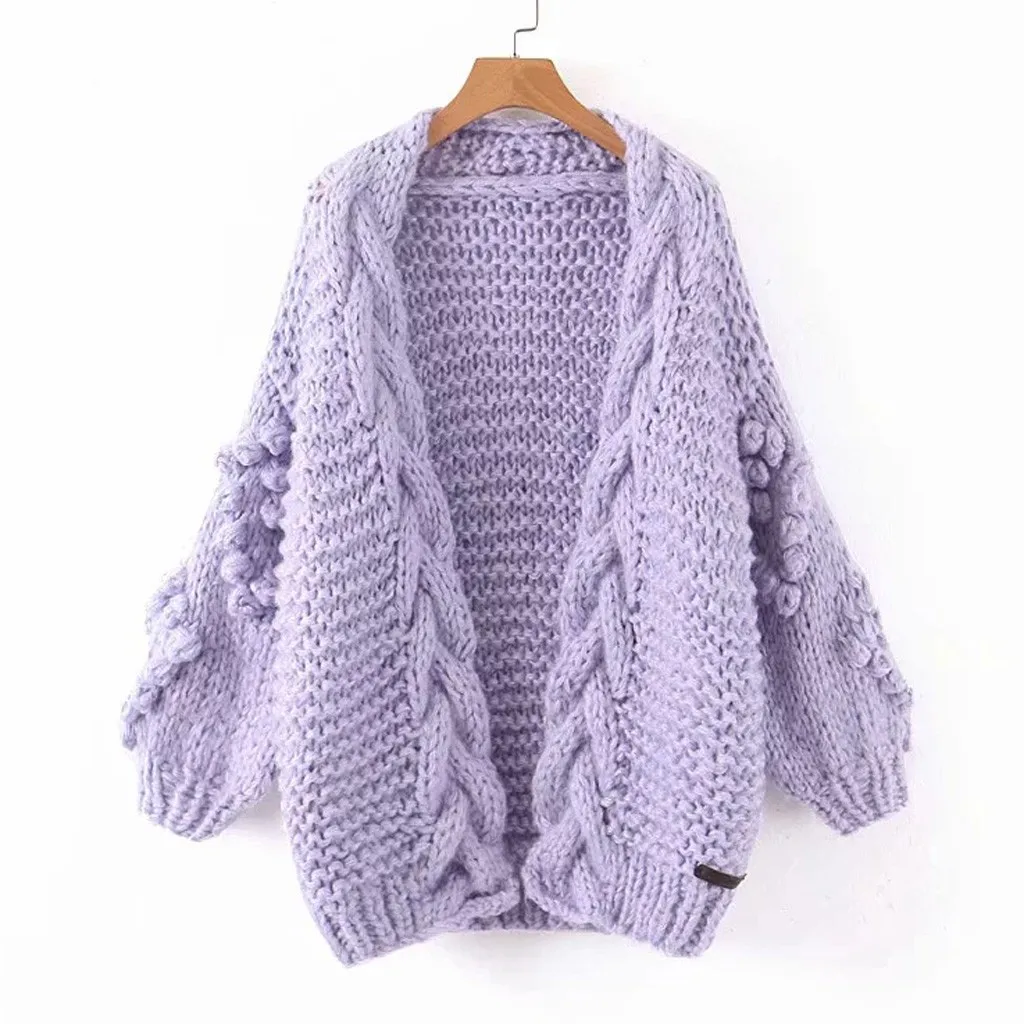 Purple Зимний женский кардиган, свитер, куртка, Женский Повседневный вязаный свитер с пышными рукавами, кардиган, пальто, толстый свитер, куртка 9,10 - Цвет: Purple