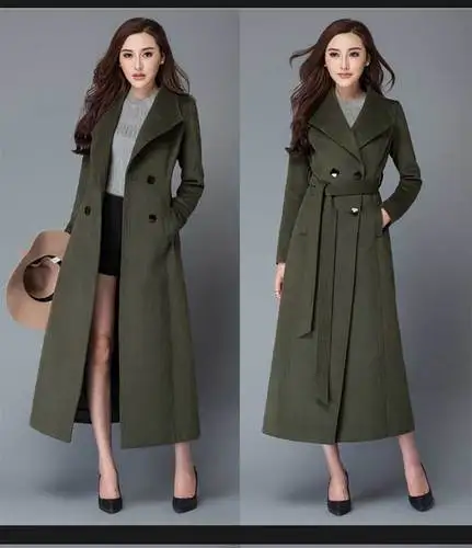 Армейский зеленый Winter Woman Coats Autumn and Winter New Lapel Thickening Women Long Coat Fashion Red Slim Woolen Coat Female Jacket - Цвет: Армейский зеленый