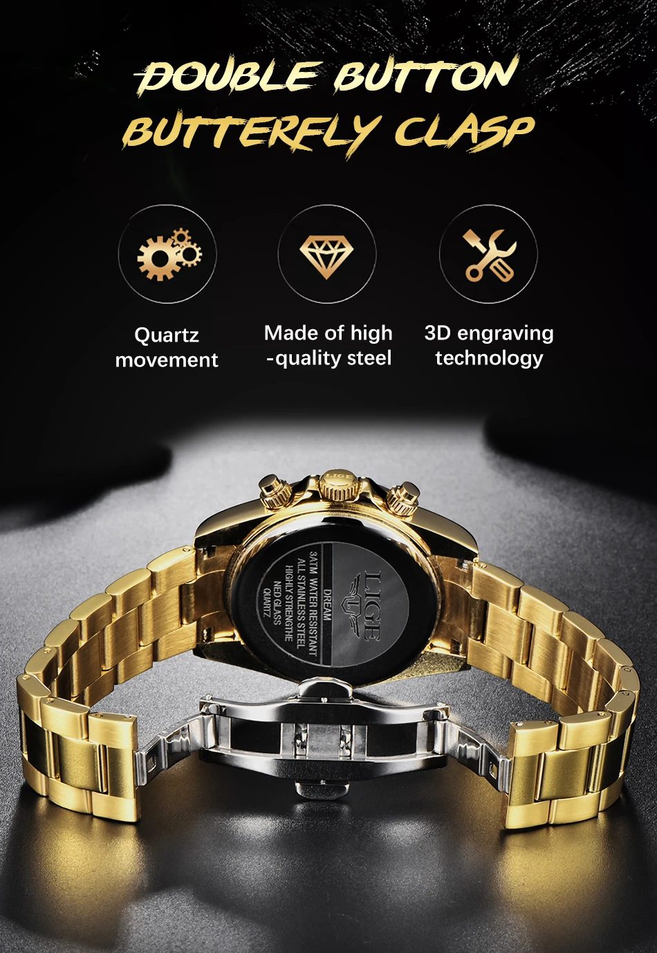 2022 LIGE Military Sport Mens Watches Top Brand Luxury Gold Quartz Watch For Men Stainless Steel Waterproof Clock Men's Watch