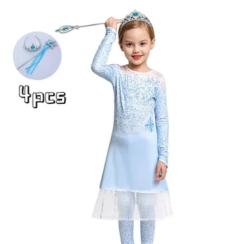 

2020 Summer Snow Queen Frozen 2 Dress Girl Anna Elsa Kids Dresses Girls Children Lace Princess Cosplay Dress Crown Magic Wand