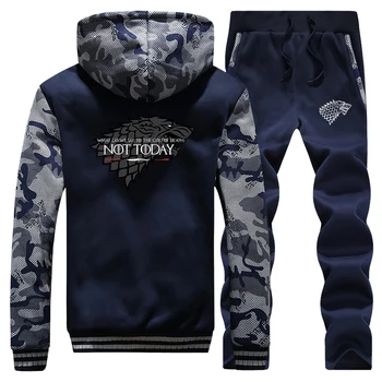 

Game Of Thrones Tracksuit Fleece Warm Coat Winter Zipper Jacket+Pant 2PC Sets Men Thick Hoodie Not Today wolf Print Streetwear