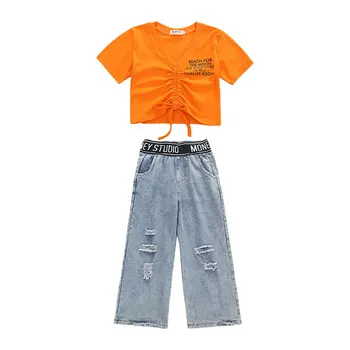 

Fashion Girls Tie Folds Top Solid T-shirts Patchwork Letter Denim Pants Hole Jeans Teenage Children Kids Clothes Sets 2pcs