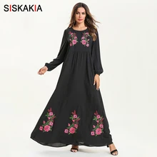 Siskakia черное платье Длинное Элегантное Цветочная вышивка макси платья Высокая талия качели полный рукав мусульманская одежда осень размера плюс