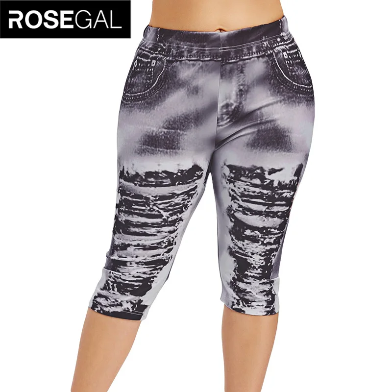 

ROSE GAL Plus Size 5XL 3D Jean Denim Print Short Leggings Women Big Size Skinny Cropped Jeggings Capri Leggins XXXXL XXXL XXL