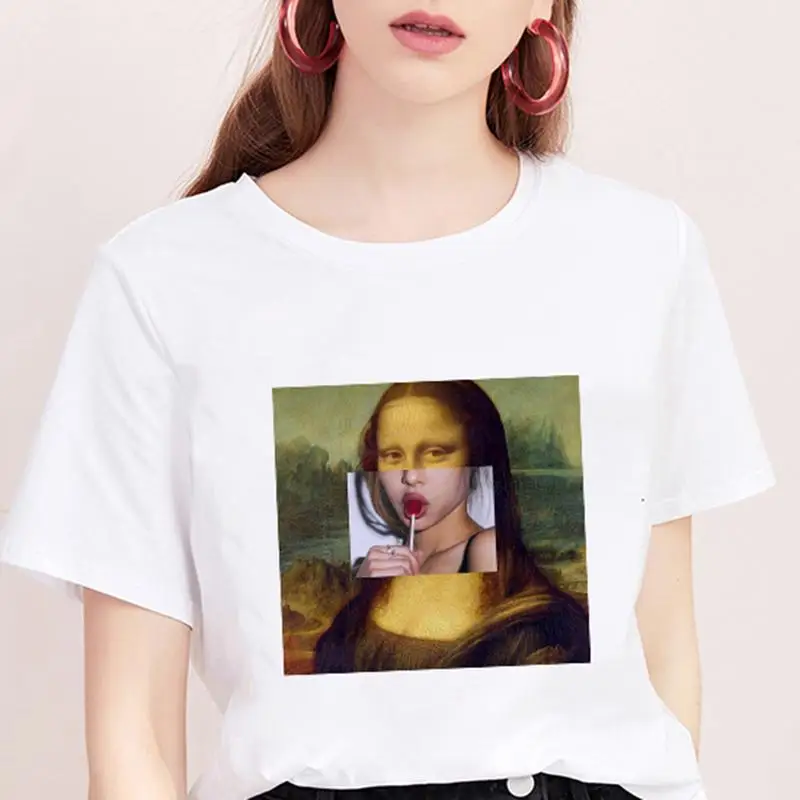 Mona Lisa T Shirt Women Spoof Personality Fashion Tshirt Summer 2019 Harajuku Aesthetics Short Sleeve White Tops Female T-shirt |