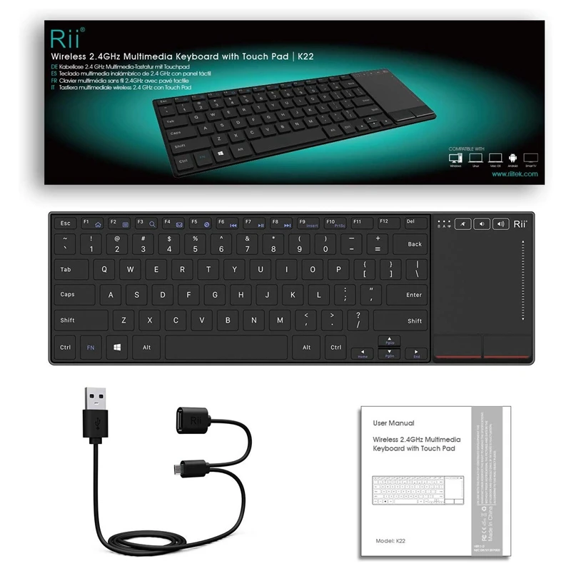 Rii K22 ультра тонкая 2,4G Беспроводная клавиатура с сенсорной панелью версия QWERTY для PS4 PC Smart tv IP tv Android tv Box ноутбука
