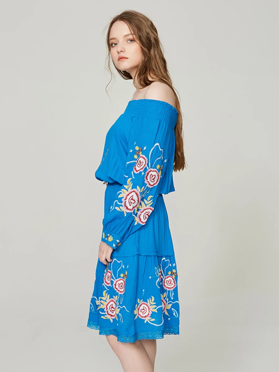 

Blue Floral Embroidered Dress Autumn Women Long Lantern Sleeve Slash Neck Tassel High Waist Dress 2019 BoHemian Beach Vestidos