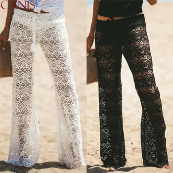 

Women's Crochet Sheer Trousers Holiday Beach Wide Leg Bikini Cover Up Pants