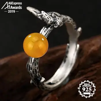 

Israel S925 Fine Antique shop Ring Sterling Silver Bird Twit Natural Artisan Baltic Natural Gemstone amber