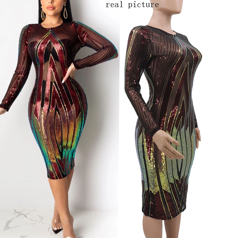 Photo Color Сексуальное женское облегающее черное платье vestidos, платья для вечеринок, Украинская одежда sukienki, кружевное платье с блестками и длинным рукавом - Цвет: Photo Color
