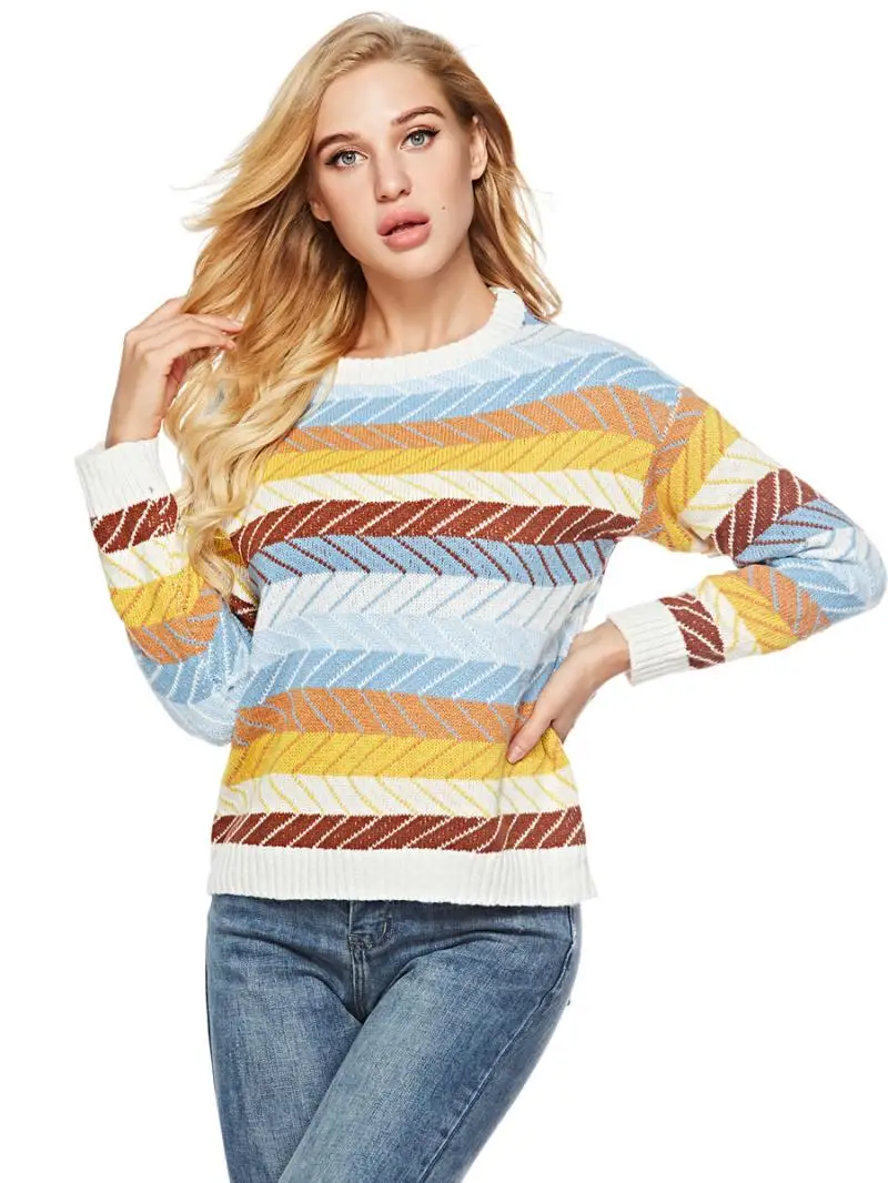 

2019 New Spring autumn women sweater Korean color matching loose striped long-sleeved pullover Knitwear autumn sweater Knitted