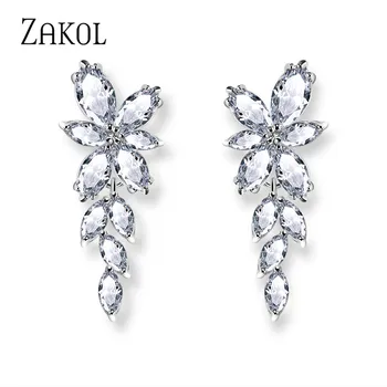 ZAKOL Marquise Cut Cluster Flower Zirconia Crystal Long Dangle Drop Earrings Shiny Leaf Bridal Wedding Jewelry for Women FSEP167