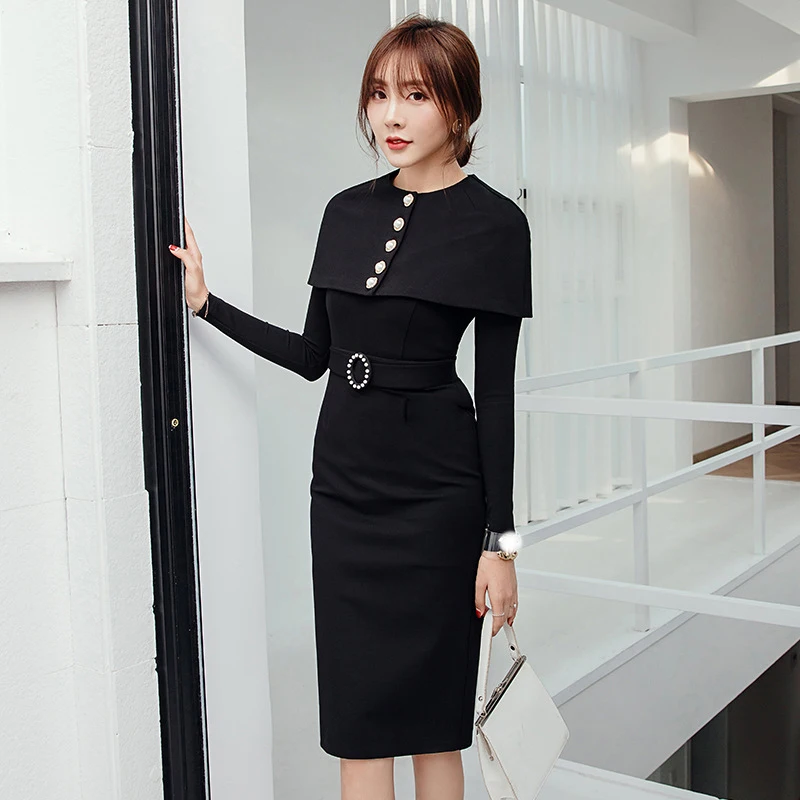 

HUAYIMENGYI 2 Pieces Set Vintage French Style Cape Black Dresses O Neck Long Sleeve Split Hem Women Pencil Bodycon Party Dress